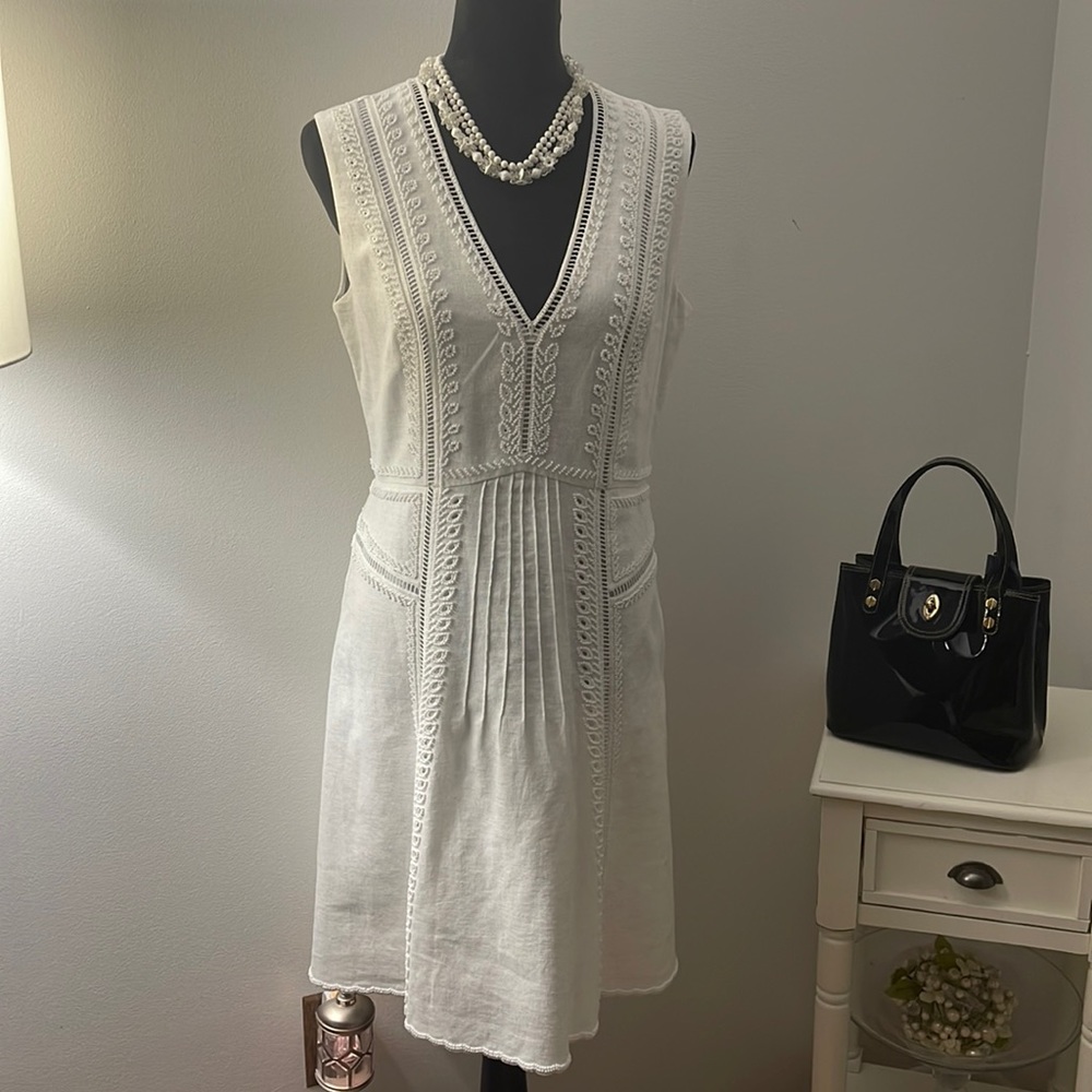 Kobi Halperin White Linen/Cotton Beaded Dress 10